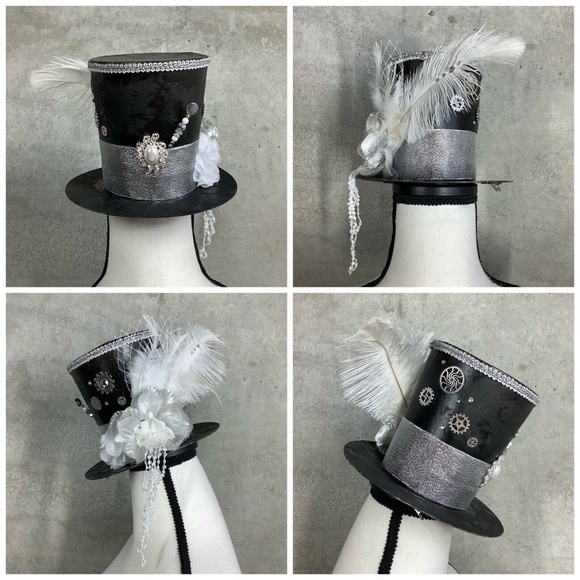 🌺 STEAMPUNK COSTUME MINI TOP HAT TIE CLIP SET COSPLAY GRAY SILVER BUNDLE PARTY - Picture 7 of 12